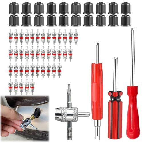 Kit de desmontaje de válvulas de neumático, 64 unidades, incluye 40 núcleos de válvula Schrader, 20 tapas de válvula y 4 herramientas de desmontaje, adecuado para coches, motos, bicicletas, camiones y
