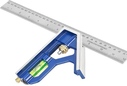 Combination Square Blue Aluminium 300mm (12in), Engineers Set Square, Stainless Steel Angle Ruler, Accurate Carpentry Square made of Metal with Stop Ruler and Scribing Tool, with Bubble Level