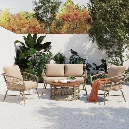 Bohemia Style 4 Pieces Rattan Outdoor Seating Group with Removable Cushions, Patio Conversation Set with Wood Tabletop, Wicker Furniture for Deck Backyard Garden, Beige