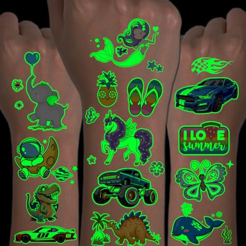 CHARLENT 300 estilos, tatuajes que brillan en la oscuridad para niños, 36 hojas, estilos mixtos, tatuajes temporales luminosos para niños y niñas, regalos de fiesta, relleno de bolsas de regalo