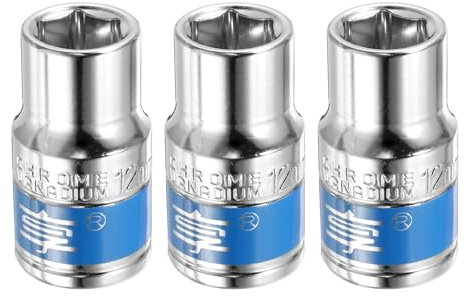 QUARKZMAN 3 Enchufe de Impacto de 1/2 y 6 Puntas, Métricos de 12 mm, Poco Profundo, Llave de Vaso Eléctrica de Vaso Poco Profundo para Reparación Mecánica de Automóviles, Plateado y Azul