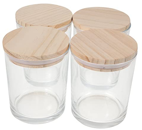 FUTUREORYY Candelabro De Cristal Transparente 200ml con Tapa De Bambú, Frascos para Velas Vacíos Reutilizables, Portavelas De Té Ideales para Decoración y Bricolaje El Hogar, Pack De 4 Unidades