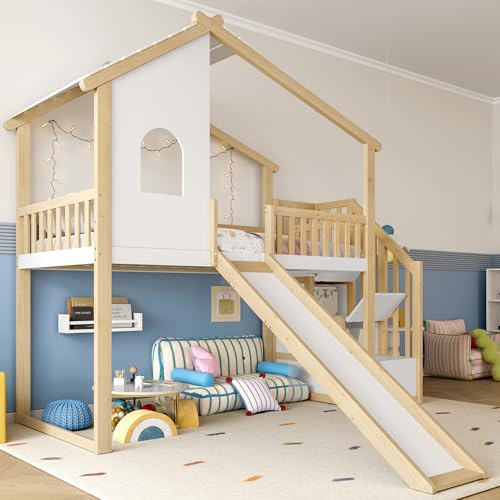 Loftsäng träsäng 90 x 200 cm med rutschkana och förvaringsutrymme, trappa, barnsäng, funktionssäng med ribbotten och fallskydd, för barn och ungdomar, vit + natur