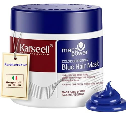 Karseell MACA CARE SYSTEM Mascarilla Capilar Pigmentante Azul Acondicionadora Realza Tono Azulado Nutritiva Hidratante Reparadora Antifrizz Brillo Cabello Seco Dañado Teñido Profesional 500ml