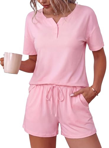 Aseniza Pijama Mujer Verano Algodón Conjunto Corto Camiseta Manga Corta y Shorts Ropa de Dormir Loungewear con Cuello en V y Botones Rosa M