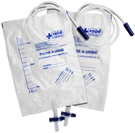 Poche à urine stérile avec valve et vidange SafeT – 1,5L / 2L – Tubulure 90 cm / 120 cm – Lot de 25 – Usage médical (2 Litres avec tubulure 120 cm)