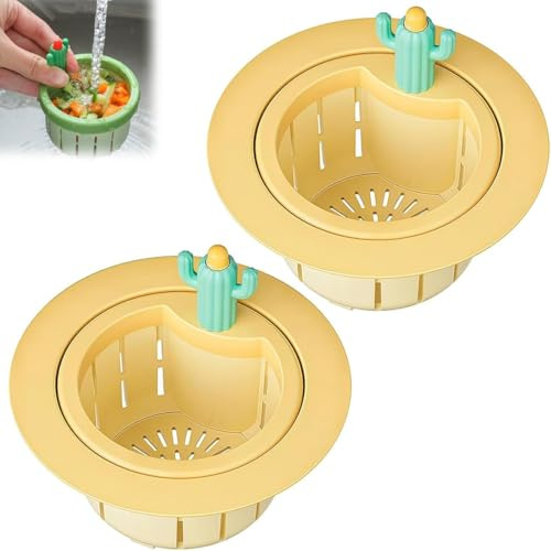 Colador de fregadero de cactus, filtro automático de cesta de cactus de cocina, drenaje rápido y antiobstrucción, cestas de drenaje creativas para uso doméstico y cocina (2 unidades, amarillo)