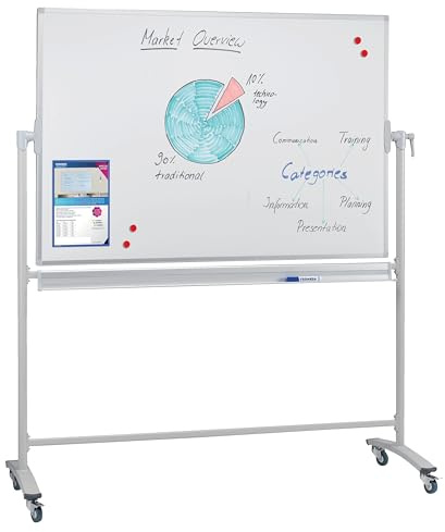FRANKEN Mobiles Whiteboard, doppelseitig, lackiert, magnetisch, beschreibbar, trocken abwischbar, Whiteboard mit Ständer und Rollen, mit Metallgestell und schwenkbarem Rahmen, 90 x 120 cm, STC201