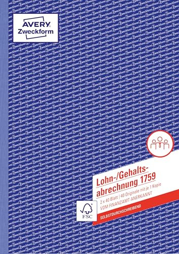 AVERY Zweckform 1759 Lohn-/Gehaltsabrechnung (A4, selbstdurchschreibend, für Deutschland, von Rechtsexperten geprüft und vom Finanzamt anerkannt, 2x40 Blatt) weiß/gelb