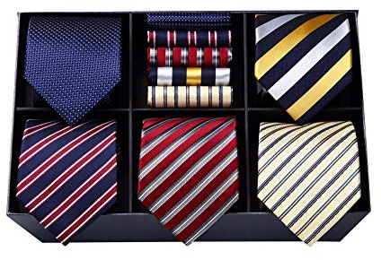 HISDERN 5-teiliges Herren Krawatten Set Elegante Gestreifte Krawatte mit Einstecktüch Formelle Hochzeit Seidenkrawatte Taschentuch für Männer