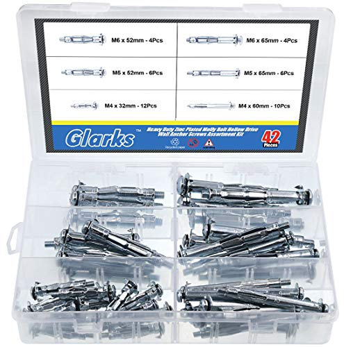 Glarks 42 Stück 6 Größen Schwerlast-Stahl Molly Bolt Hohlantrieb Wandanker Schrauben Sortiment Kit für Trockenbau, Putz und Fliesen