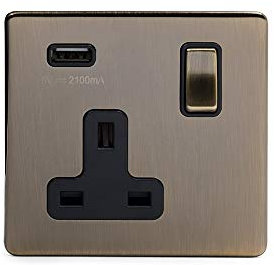 Antique Brass 2 Gang Double USB Socket with Black Insert Screwless Faceplate (Black Insert, Single Plug Socket USB)