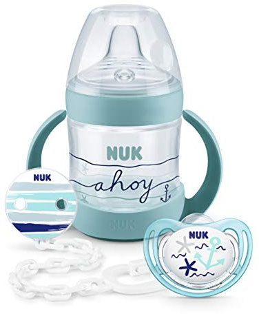 NUK Nature Sense Beach Set, 1 x Nature Sense Trinklernflasche, 1 x Freestyle Silikon-Schnuller, 1 x Schnullerkette, 6-18 Monate (Set grün)