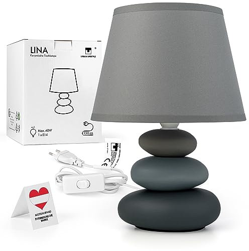 Nachttischlampe Lina (Grau/Matt) Tischleuchte Keramik Tischlampe mit Stoffschirm, LED geeignet, E14 230V Keramik, Tischlampe, Nachttischleuchte, Fenster Lampe, Sofalampe. Fensterbank Lampen