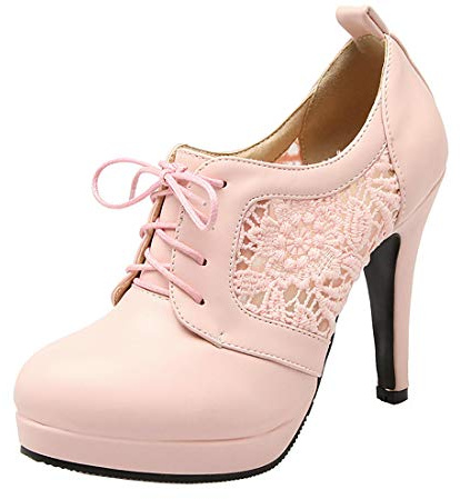 Birdsight Escarpins Femmes Talon Stiletto Haut Plateforme avec Lacets Élégant Vintage Dentelle Brogue Oxfords(Rose 41)
