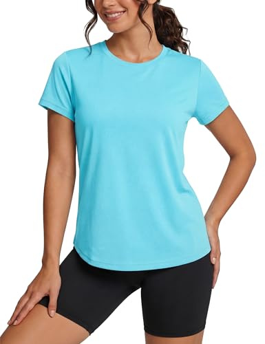 TACVASEN T-Shirt de Protection UV Femme Chemise D'été à Manches Courtes T-Shirt de Natation Séchage Rapide Shirt de Plage Protection Solaire T-Shirt de Sport Bleu Lac