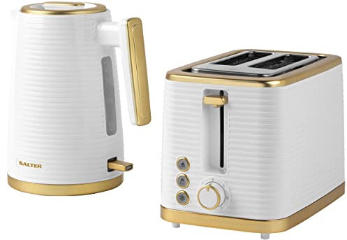 Salter COMBO-7996 Palermo Kettle and Toaster Set – Fast Boil 1.7 L Kettle and 2 Slice Electric Wide Slot Toaster, Water Level Indicator, 7 Browning Levels, Removable Crumb Tray, 3kW/930W, White/Gold
