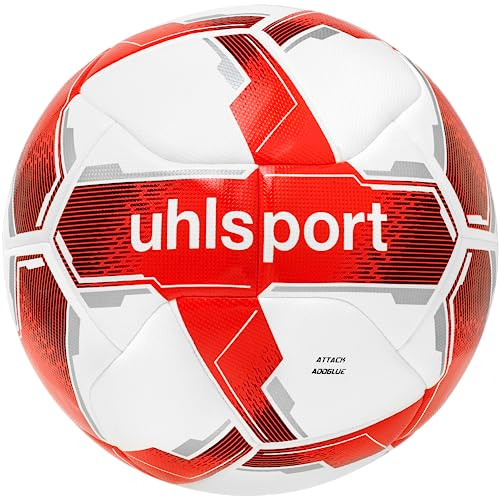 uhlsport Attack Addglue Fussball Soccer Spielball Trainingsball - mit Neuer ADDGLUE-Technologie - weiß/rot/silber - für Jugend und Aktive - FIFA Basic, 5