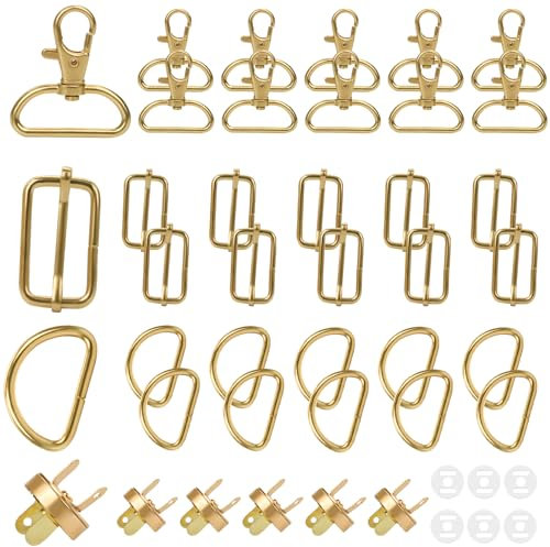 38 Stück D Ringe 32mm Taschenzubehör zum Nähen Karabinerhaken SchlüSselanhänger,Schnallen, Leiterschnalle, Magnetknopf Metall für Taschen,Basteln,Handtaschen,Handwerk (Gold)