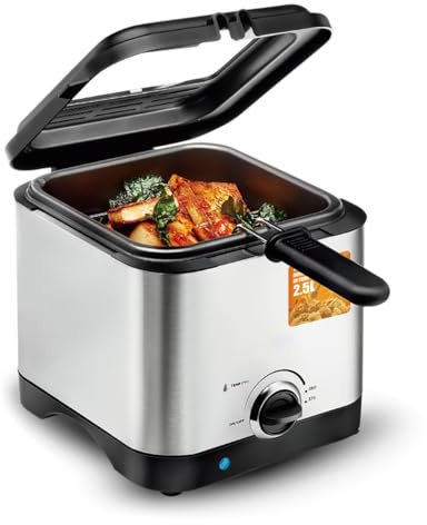 PochY Freidora eléctrica, Acero Inoxidable con Canasta y Tapa, 1000W, 2.5L, freidoras de encimera para Cocina casera y Restaurante. Papas Fritas, Papas, Pollo, etc.