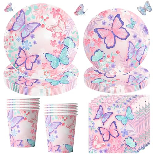 OMZSXK 50 pièces de papillon Set de vaisselle de fête, papillon anniversaire vaisselle assiettes de fête, papillon assiettes en carton gobelets serviettes pour 10 invités