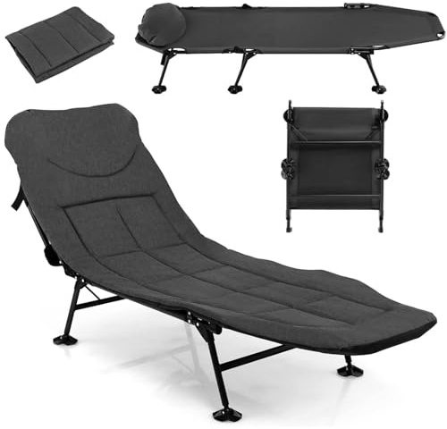 SPOTRAVEL Folding Camp Bed for Adults, 26 Extra Wide Heavy Duty Camping Cot with Detachable Mattress, 6-Position Adjustable Backrest & Anti-Skid Feet, Portable Sleeping Cot for Beach Travel (Grey)