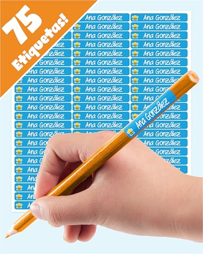 75 Étiquette Stylo Personnalisé pour l'École – Etiquettes Autocollantes Personnalisées pour Fournitures Scolaires – Étiquettes Prénom Imperméables (BLEU)