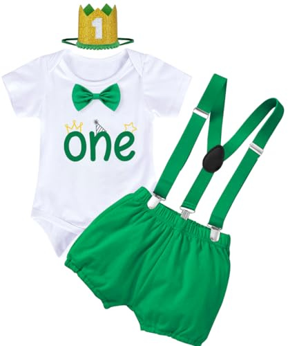 YYDSXK Conjunto Cumpleaños 1 Año Niño, Traje de Primer Cumpleaño, Monos de Manga Corta, Pantalones Cortos con Tirantes, Diadema de Coron, Ropa Bebe 1 Año Conjunto para Fotografía (Verde, 100)