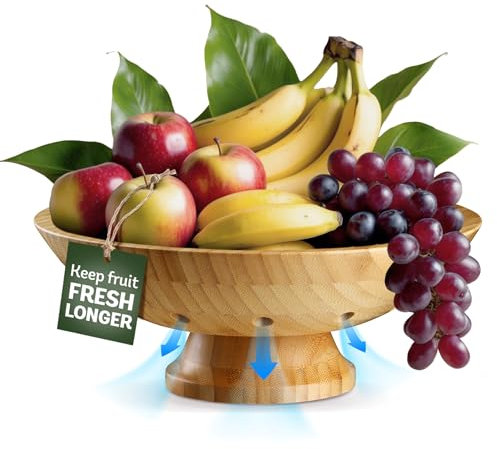 Fruit Basket Fruit Bowl for Kitchen Counter - Wooden Pedestal Bowl with Ventilation Holes, Decorative Bamboo Holder, Wooden Serving Frutero for Produce and Vegetable Storage, Wood Decorative Gift Idea
