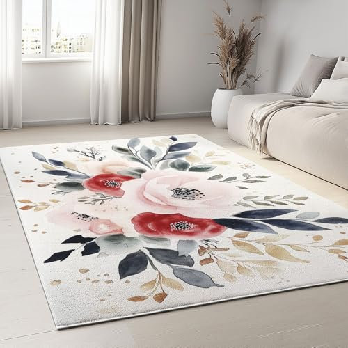 Teppich 160 x 230 cm, Wohnzimmer Schlafzimmer Korridor Esszimmer Balkon Dekor Rutschfester Teppiche Waschbar Leicht zu Reinigen, Vintage Pfingstrose Rose, Anti-Rutsch Unterseite Kurzflor Teppich Bunt