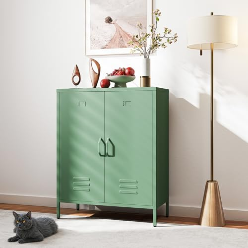 Bekrvio Metallkommode Dunkelgrün mit Belüftung 100x80x38cm, Metallschrank mit 20 kg, Stabiler Metallschrank mit Doppeltüren und Verstellbaren Einlegeböden, Sideboard für Wohnzimmer, Flur und Keller