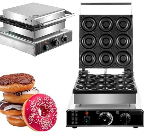 PPLDABNK Macchina per Ciambelle Commerciale da 2000 W - Riscaldamento Bifacciale A 9 Fori con Temperatura E Timer Regolabili, Rivestimento Antiaderente - per Pasticcerie E Caffetterie,9 Squares