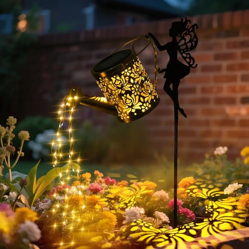 GuKKK Guirlande lumineuse solaire pour arrosoir - Avec crochet papillon et fée - Pétales de rose - Lampes solaires pour l'extérieur - Étanche IP65 - Pour chemin de cour, balcon