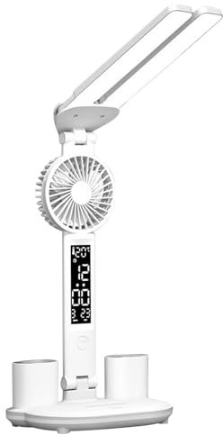 Lampada da studio a doppia testa con ventilatore Lampada da tavolo a LED con orologio e portapenne, controllo touch, visualizzazione temperatura, ora e data, con controllo della temperatura del colore