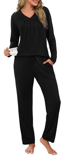Uniexcosm Pijamas de Mujer Largo Invierno Pijama para Mujer Algodón Conjunto de 2 Piezas Manga Larga en Cuello en V Top y Pantalones Negro XXL