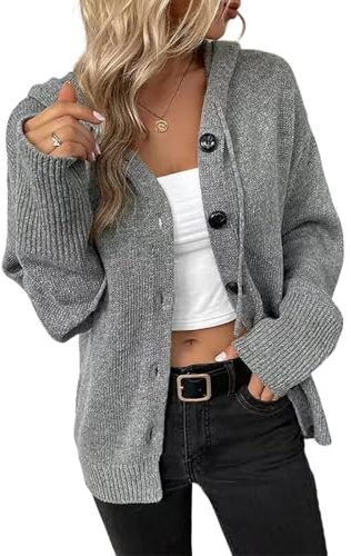 RUISHH Cardigan à Manches Longues et Capuche pour Femme Elégant Pull Tricoté Gilet avec Boutons Décontracté Manteau Gris XL