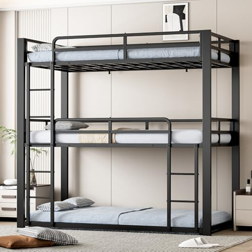 Mixcous Heavy Duty Triple Twin Size Bunk Bed, Twin Over Twin Over Twin