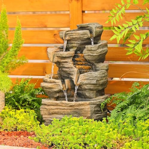 Bumilgar 62CM Rock Cascading Water Feature Outdoor&Indoor, 6-Tier Naturefalls Garden Features, Floor-Standing Waterfall With Lights For Patio, Backyard, Deck, Porch, Home Decor, Stone Gray