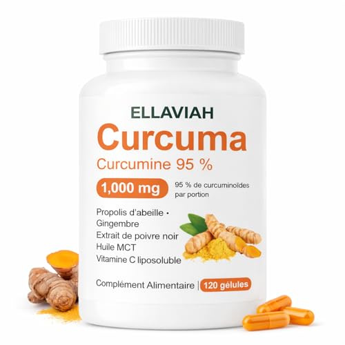 ELLAVIAH Curcuma Curcumine 95% 1000 mg par Portion avec Gingembre, Propolis d’Abeille, Poivre Noir, Huile MCT et Vitamine C, Complément Alimentaire, 120 Gélules
