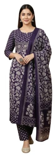 Women’s Printed Kurti Set with Dupatta | Ethnic Indian Salwar Suit | 3/4 Sleeve Floral Kurta with Pants | Traditional Wear (US, Alpha, XX-Large, Regular, Regular, Blue)