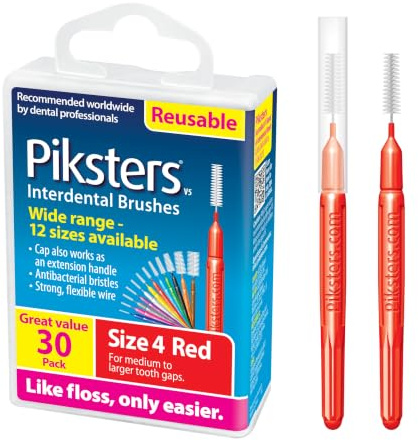 Piksters Interdental Brush Medium/Large Gaps 30 Pack Red Size 4