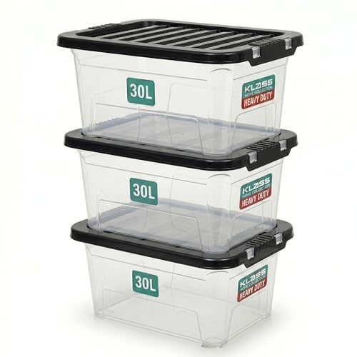 Klass 3 PCS 30L Plastic Storage Boxes With Lids Clear Storage Box Black Lid | 3 Pack, 30 Litre Multipurpose Nestable Stackable Storage Box, Clear Plastic Storage Containers For Home, Kitchen, Office