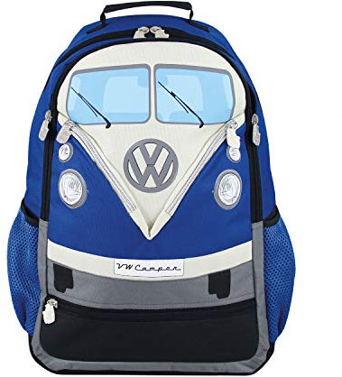 BBRISA VW Collection - Volkswagen Wander-Laptop-Tages-Schul-Rucksack im T1 Bulli Bus Design (30l/Groß/Bus Front/Blau)