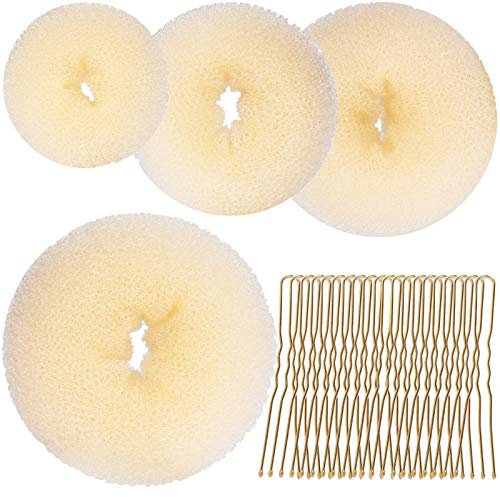 Teenitor Hair Bun Shaper Set, 4 Size Beige Donut Bun Maker + 20 Golden Bobby Pins for Blonde, Chignon Bun Maker Hair Ring Style Accessories for Dancer Ballet Girls Extra-large, Large, Medium, Small