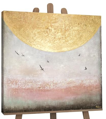 YS-Art Quadro dipinto a mano su tela Energia solare II Pittura acrilica motivo estivo paesaggio marino oro e colori vivaci 90x90 cm