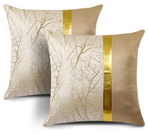 JOTOM Cushion Covers 45 x 45cm Gold Patchwork Abstract Cushion Case Square Decorative Modern Throw Pillow Covers Luxury Pillowcases for Couch Bed SofaOutdoor Decor Pillow Cases Pack of 2 (Beige)