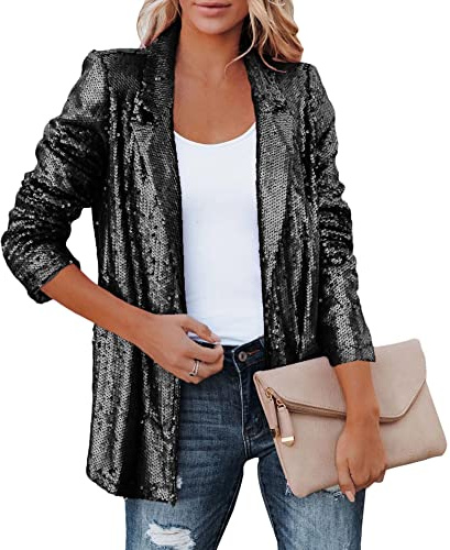 HAHAEMMA Blazer de mujer con lentejuelas, chaqueta de vestir de manga larga para otoño, diseño a cuadros, chaqueta de oficina, para exterior, Negro , L