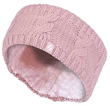 Heat Holders - Ladies Thick Cable Knitted Fleece Lined Thermal Winter Empty Skull Ear Warmer Headband (One Size, Dusky Pink)