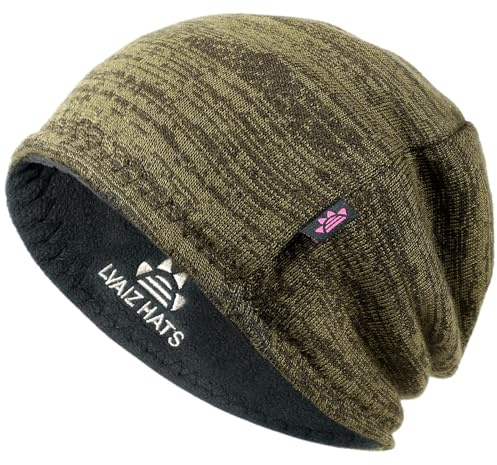Lvaiz vinter fleecefodrad mössa hatt för män kvinnor vändbar skalle keps, Khaki + grå, one size