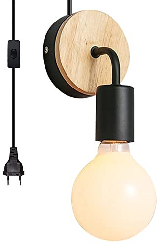 Chao Zan Lampada da Parete Vintage, E27 Portalampada Industriale con EU Spina con Interruttore,Con cavo da 1,8 m, Applique mobile portatile flessibile,per Illuminazione di Interni (Nero)
